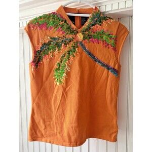 VTG Michael Simon 00s Palm Tree Beaded Knit Sweater Tank Orange Sequin Women’s M